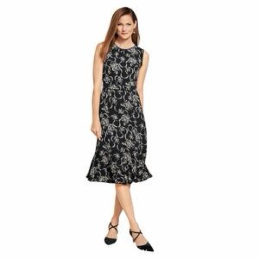 TALBOTS Black and White Boho Patterned Midi Dress w Ruffle Size 14